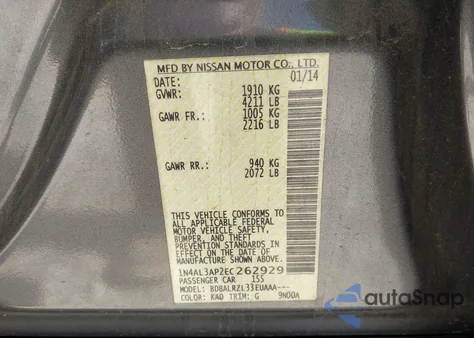 2014 Nissan Altima 2.5/2.5 S/2.5 Sl/2.5 Sv from USA, damaged, VIN 1N4AL3AP2EC262929